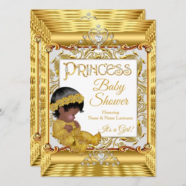 Convite Chuva de Bebê Menina Princesa Dourada Escura Étnic (Frente/Verso)