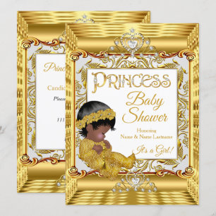 Convite Chuva de Bebê Menina Princesa Dourada Escura Étnic