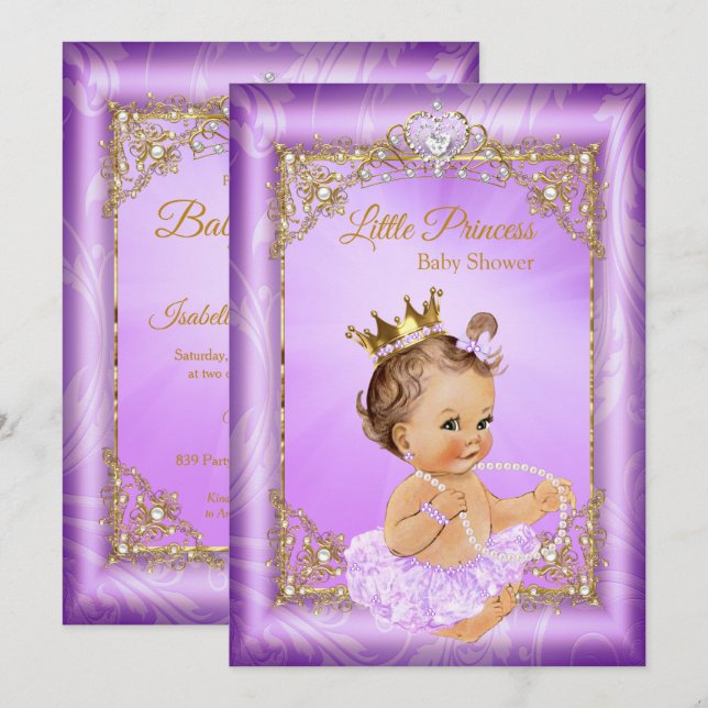 Convite Chuva de Bebê Menina Princesa Dourada Roxa (Frente/Verso)
