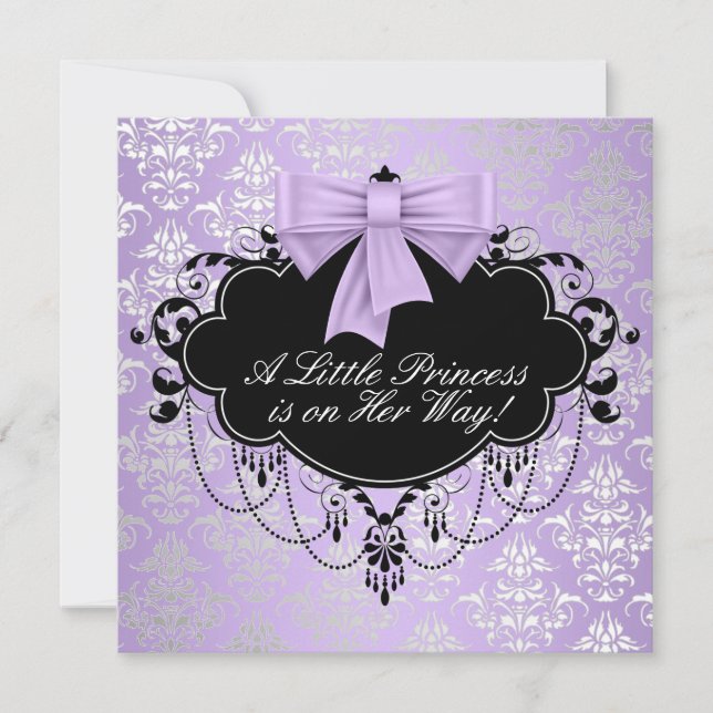 Convite Chuva de Bebê Menina Princesa Preto Roxo Prata (Frente)