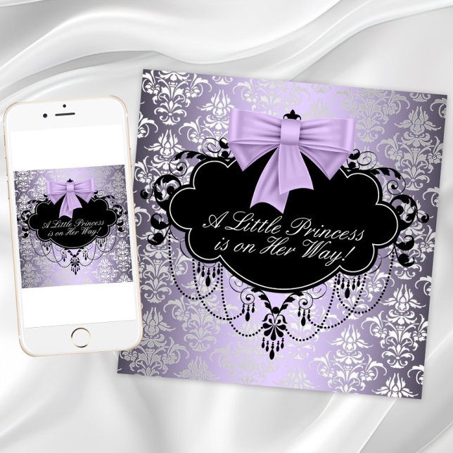 Convite Chuva de Bebê Menina Princesa Preto Roxo Prata (Purple and black baby shower invitation. Change the text as needed. Download and printed available.)