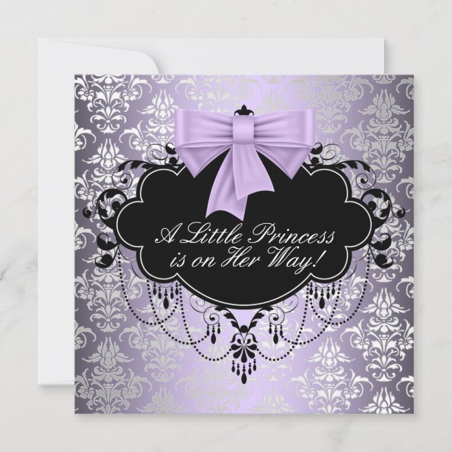 Convite Chuva de Bebê Menina Princesa Preto Roxo Prata (Frente)