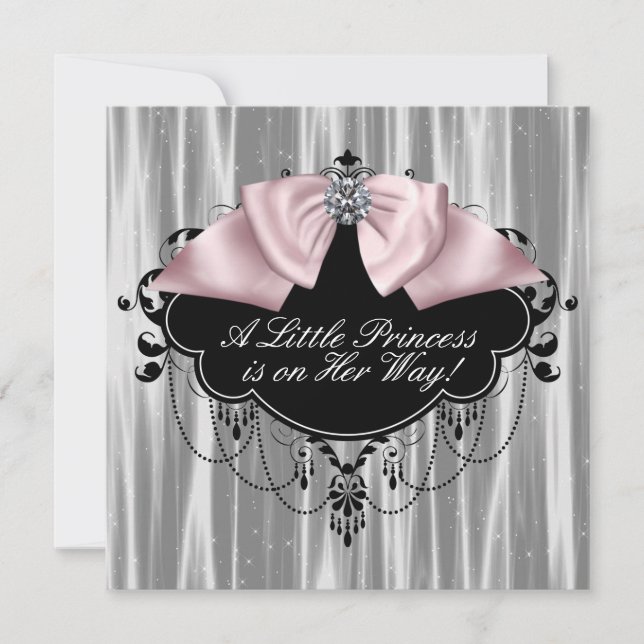 Convite Chuva de Bebê Menina Princesa Rosa e Preta (Frente)