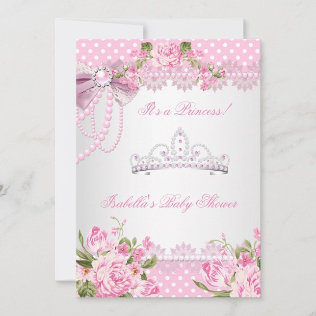 Convite Chuva de Bebê Menina Princesa Rosa Pontos Polka (Frente)