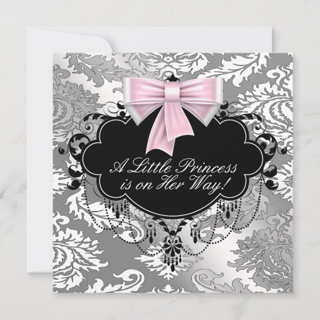 Convite Chuva de Bebê Menina Princesa Rosa Preto Prata (Frente)