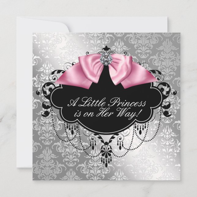 Convite Chuva de Bebê Menina Princesa Rosa Preto Prata (Frente)