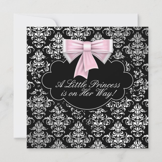 Convite Chuva de Bebê Menina Princesa Rosa Preto Prata (Frente)