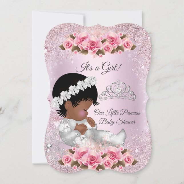 Convite Chuva de Bebê Menina Princesa Rosas Pink étnico (Frente)