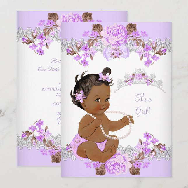 Convite Chuva de Bebê Menina Princesa Roxa Floral Étnica (Frente/Verso)