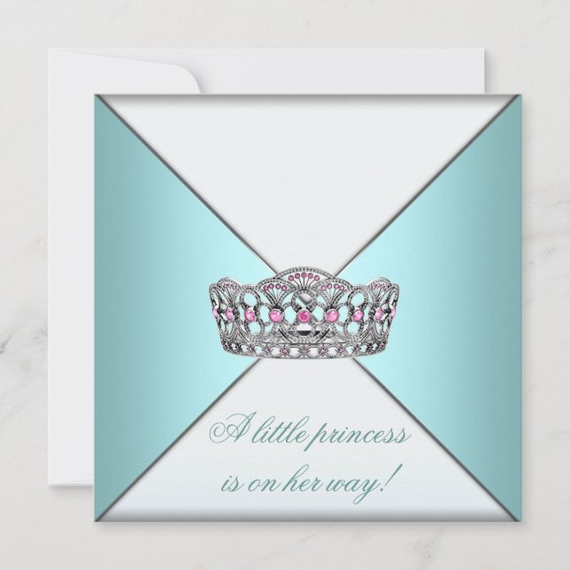Convite Chuva de Bebê Menina Princesa Tiara Azul Turquesa  (Frente)