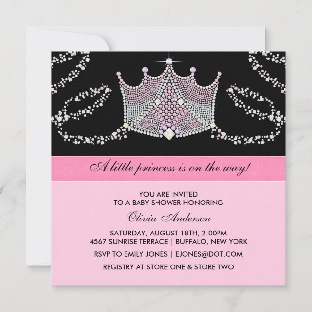 Convite Chuva de Bebê Menina Princesa Tiara Rosa e Preto (Frente)