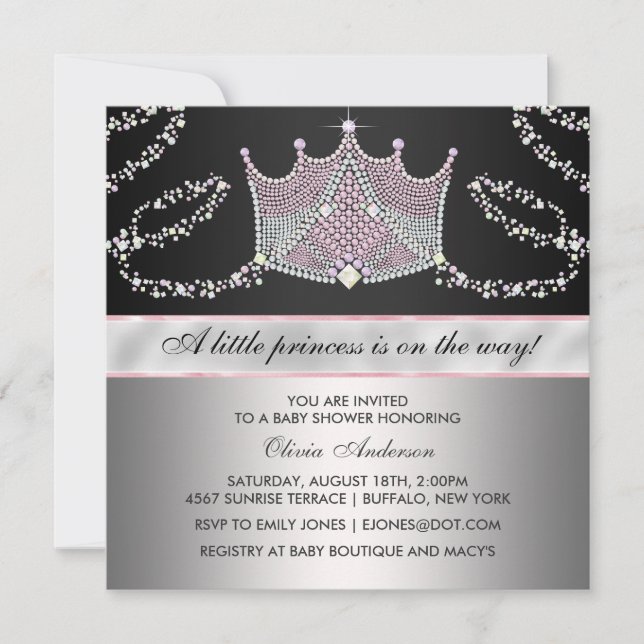 Convite Chuva de Bebê Menina Princesa Tiara Rosa e Preto (Frente)
