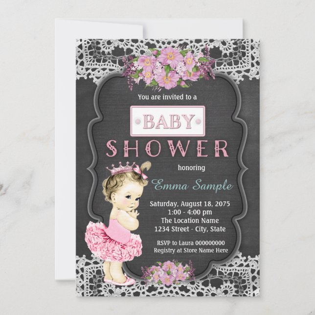 Convite Chuva de Bebê Menina Princesa Tutu Quadro Negro (Frente)