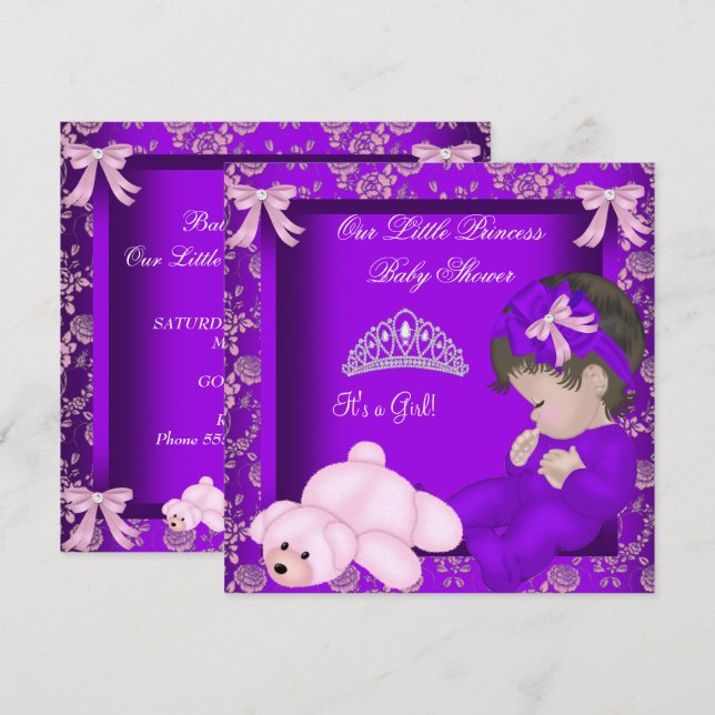 Convite Chuva de Bebê Menina Princesinha Damasco Roxo (Frente/Verso)