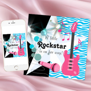 Convite Chuva de Bebê Menina Rockstar com Zebra Azul Turqu