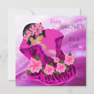 Convite Chuva de Bebê Menina Rosa Africano Americana Flora