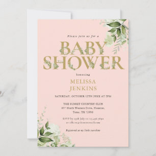 Convite Chuva de Bebê Menina Rosa Bege Dourado