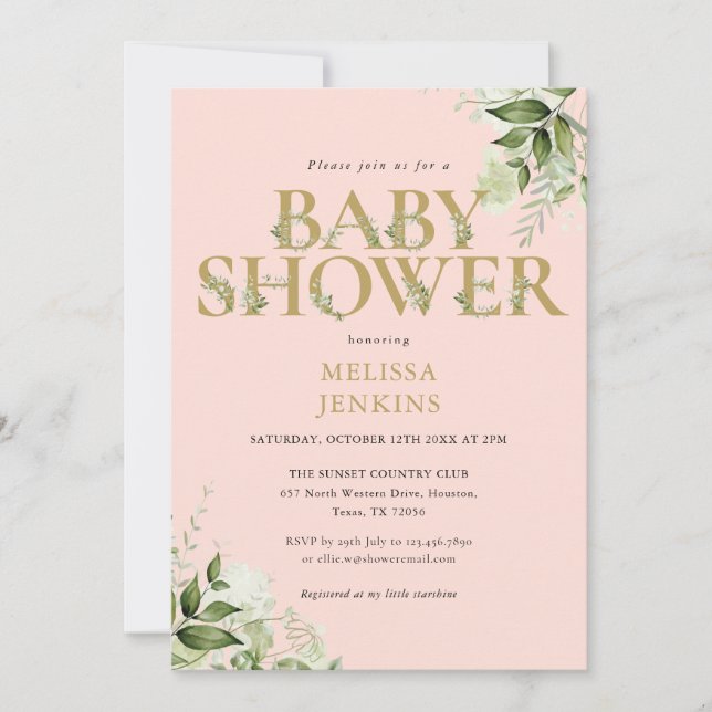 Convite Chuva de Bebê Menina Rosa Bege Dourado (Frente)