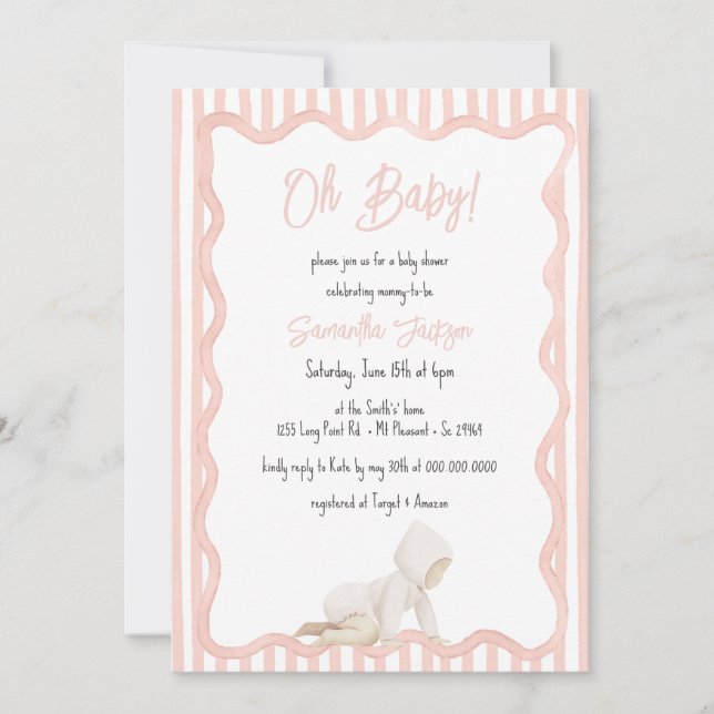 Convite Chuva de Bebê Menina Rosa Blush Desenhada à Mão Ca (Frente)