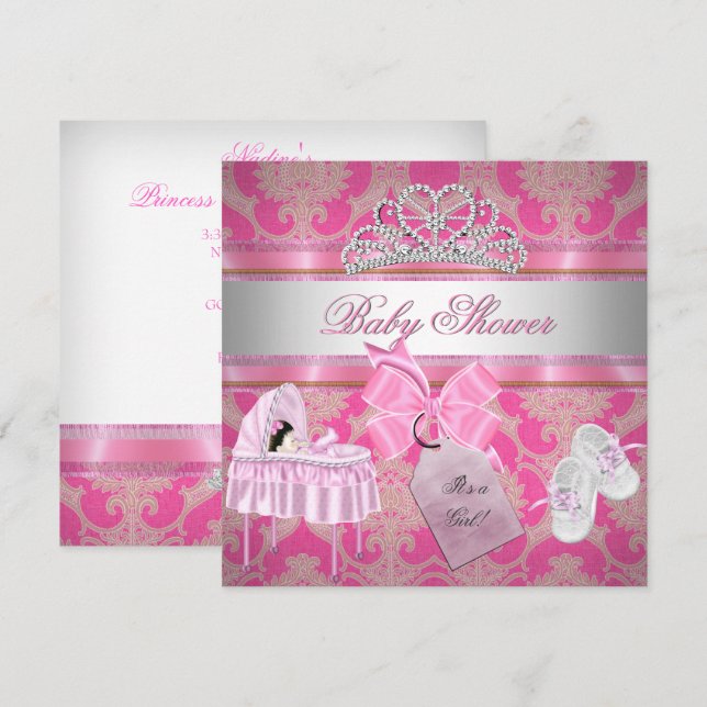 Convite Chuva de Bebê Menina Rosa Branco Princesa (Frente/Verso)