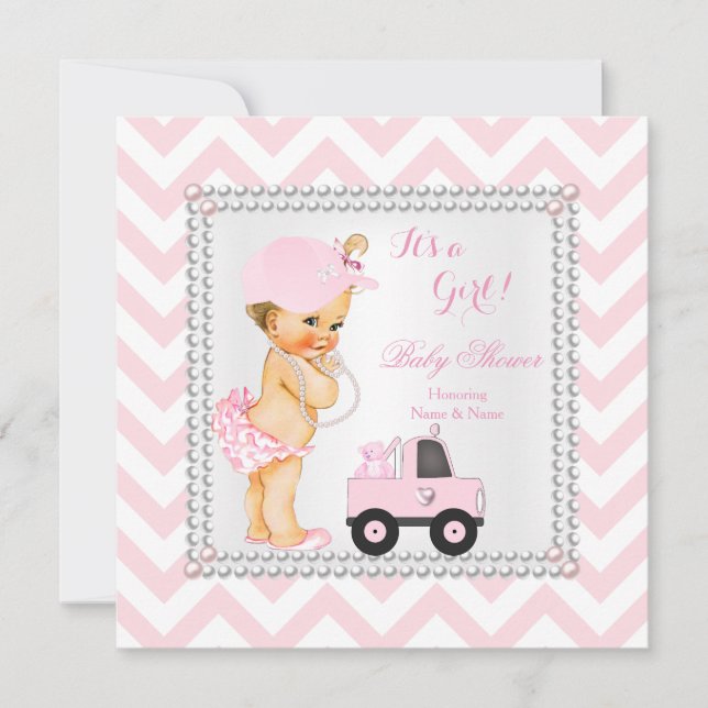 Convite Chuva de Bebê Menina Rosa Caminhão Urso Cap Blonde (Frente)