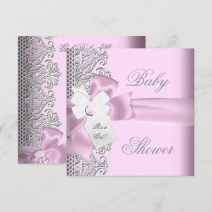 Convite Chuva de Bebê Menina Rosa Cinza Branco Renda