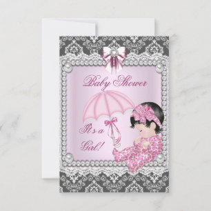Convite Chuva de Bebê Menina Rosa Cinza Damask Bonito