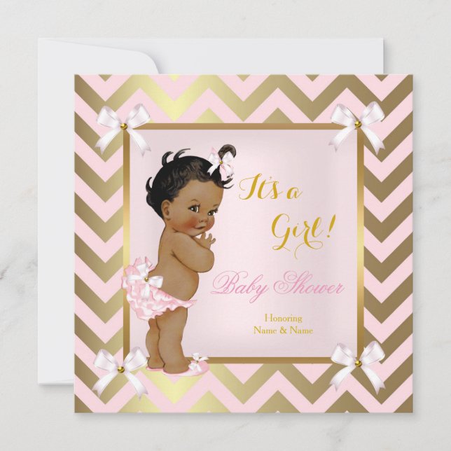 Convite Chuva de Bebê Menina Rosa Dourado Chevron Étnico (Frente)