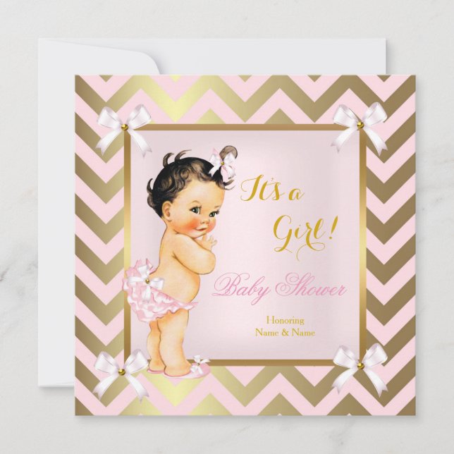 Convite Chuva de Bebê Menina Rosa Dourado Chevron Morena (Frente)
