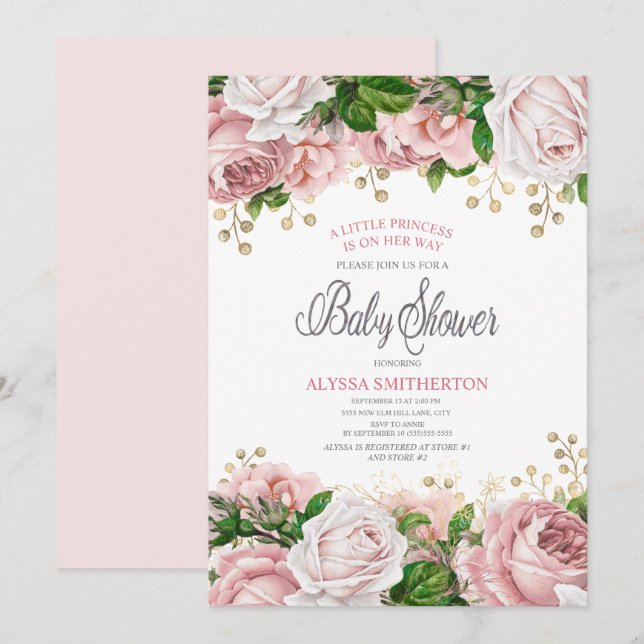 Convite Chuva de Bebê Menina Rosa Dourado Floral (Frente/Verso)