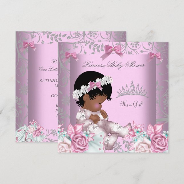 Convite Chuva de Bebê Menina Rosa e Cinza Afro-Americana 3 (Frente/Verso)