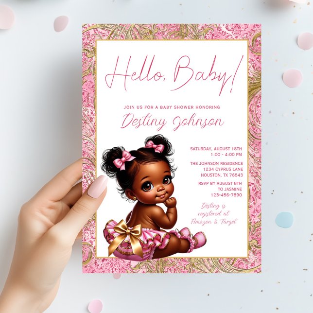 Convite Chuva de Bebê Menina Rosa e Dourado "Olá Bebê" (Adorable pink and gold baby girl shower invitation. Simply add your event details.)
