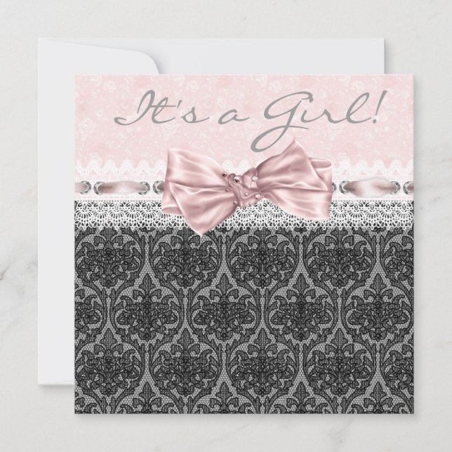Convite Chuva de Bebê Menina Rosa e Preto de Renda (Frente)