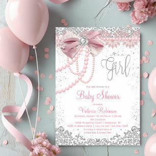 Convite Chuva de Bebê Menina Rosa Elegante com Diamante e