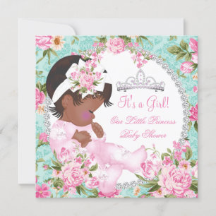 Convite Chuva de Bebê Menina Rosa Floral Rosa Teal Vintage