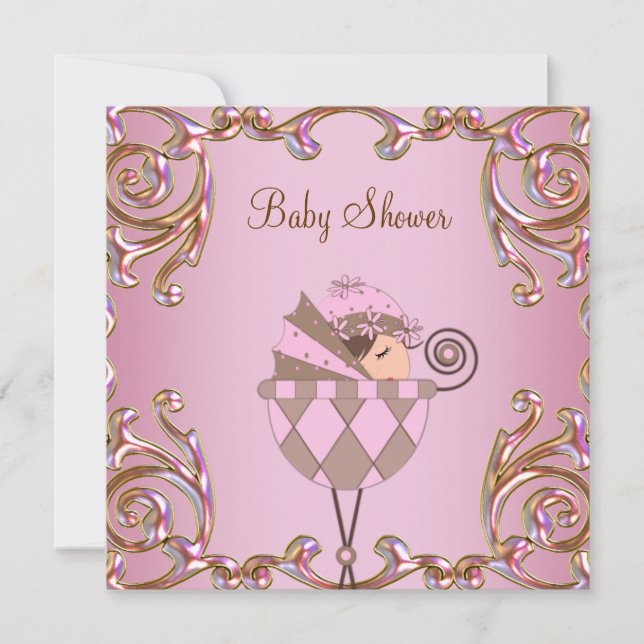 Convite Chuva de Bebê Menina Rosa Marrom e Dourado (Frente)