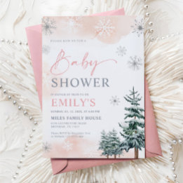 Convite Chuva de Bebê Menina Rosa no Inverno Mágico
