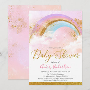 Convite Chuva de bebê menina rosa pastel dourado