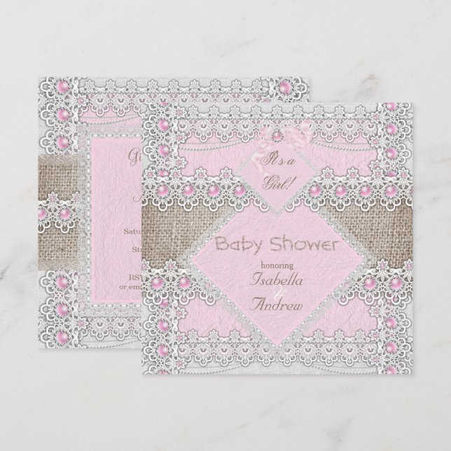 Convite Chuva de Bebê Menina Rosa Pérola Arco Lace Burlap  (Frente/Verso)