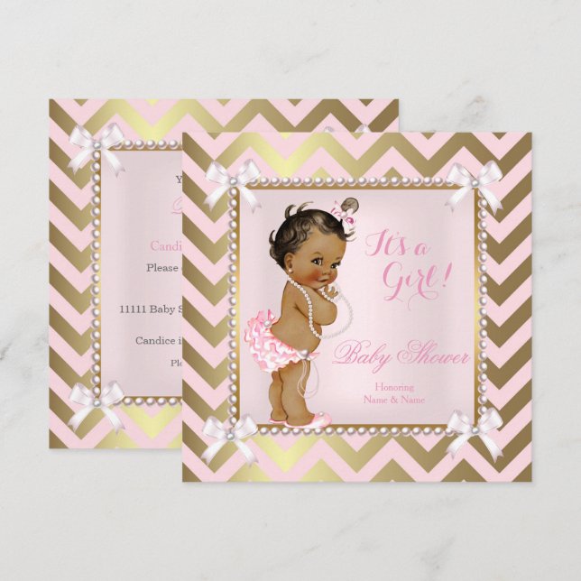 Convite Chuva de Bebê Menina Rosa Pérola Dourado Chevron É (Frente/Verso)