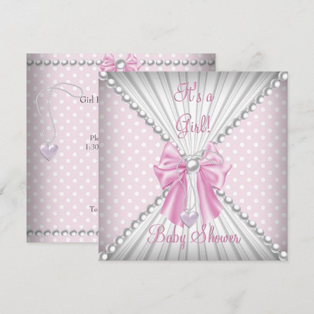 Convite Chuva de Bebê Menina Rosa Pérolas Pontos Polka (Frente/Verso)