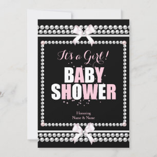 Convite Chuva de Bebê Menina Rosa Pérolas Preto
