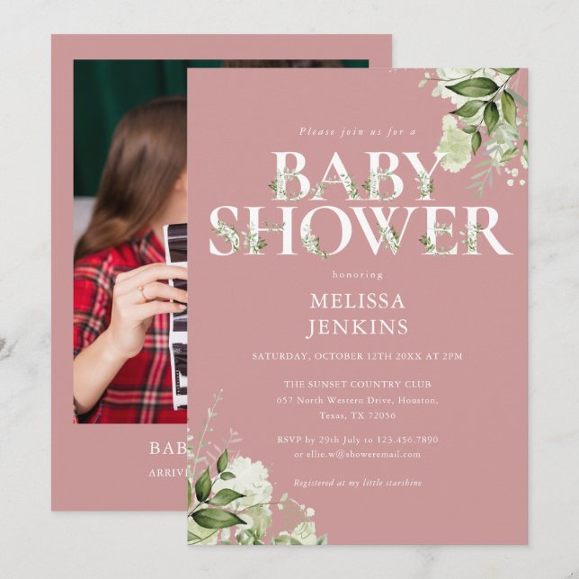 Convite Chuva de Bebê Menina Rosa Poeira Verde Rosa (Frente/Verso)