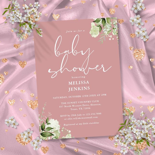 Convite Chuva de Bebê Menina Rosa Poético Verde (Greenery Floral Dusty Rose Girl Baby Shower Invitation)