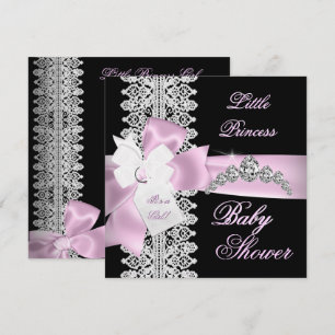 Convite Chuva de Bebê Menina Rosa Preto Branco Renda
