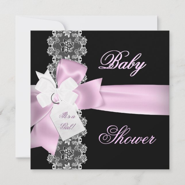 Convite Chuva de Bebê Menina Rosa Preto Branco Renda (Frente)