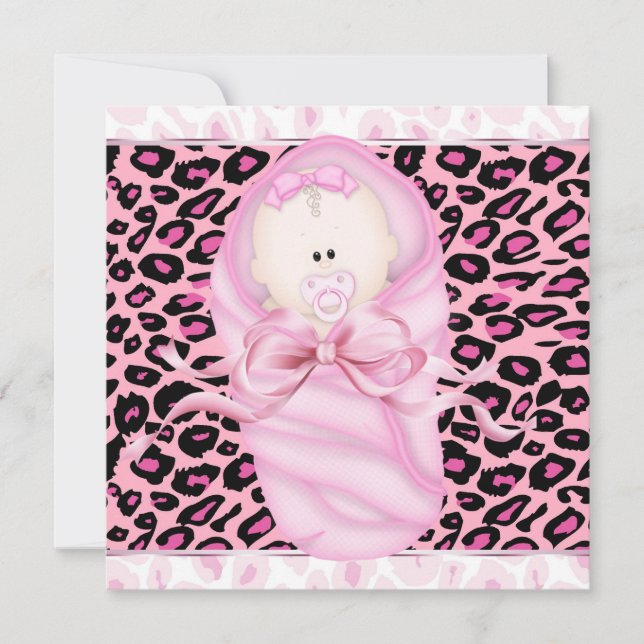 Convite Chuva de Bebê Menina Rosa Preto Leopardo (Frente)
