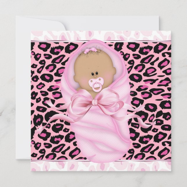 Convite Chuva de Bebê Menina Rosa Preto Leopardo (Frente)