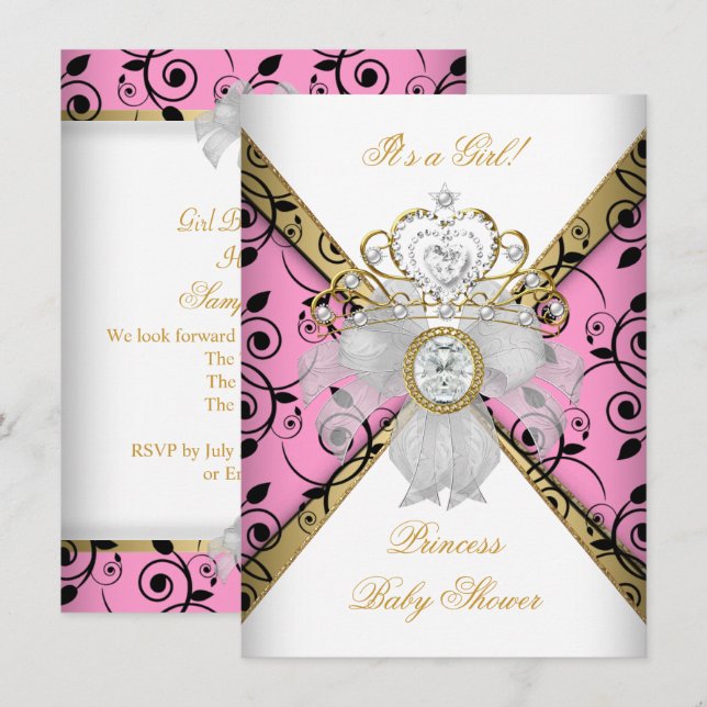 Convite Chuva de Bebê Menina Rosa Princesa Damasco Preto (Frente/Verso)