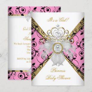 Convite Chuva de Bebê Menina Rosa Princesa Damasco Preto
